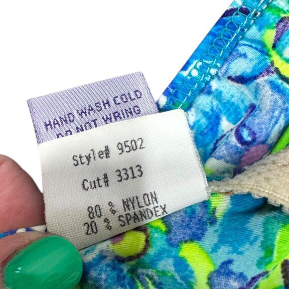 Vintage 90s Daffy Neon Floral Print One Piece Swimsuit 9/10 Green Blue High Cut - Picture 8 of 8